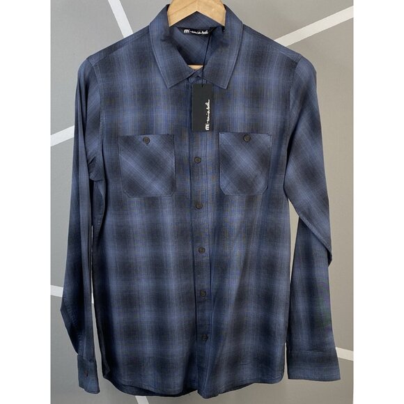 NWT Travis Mathew Small Brocation Shirt Blue Indigo Plaid Cotton Blend Button Up - Picture 1 of 16